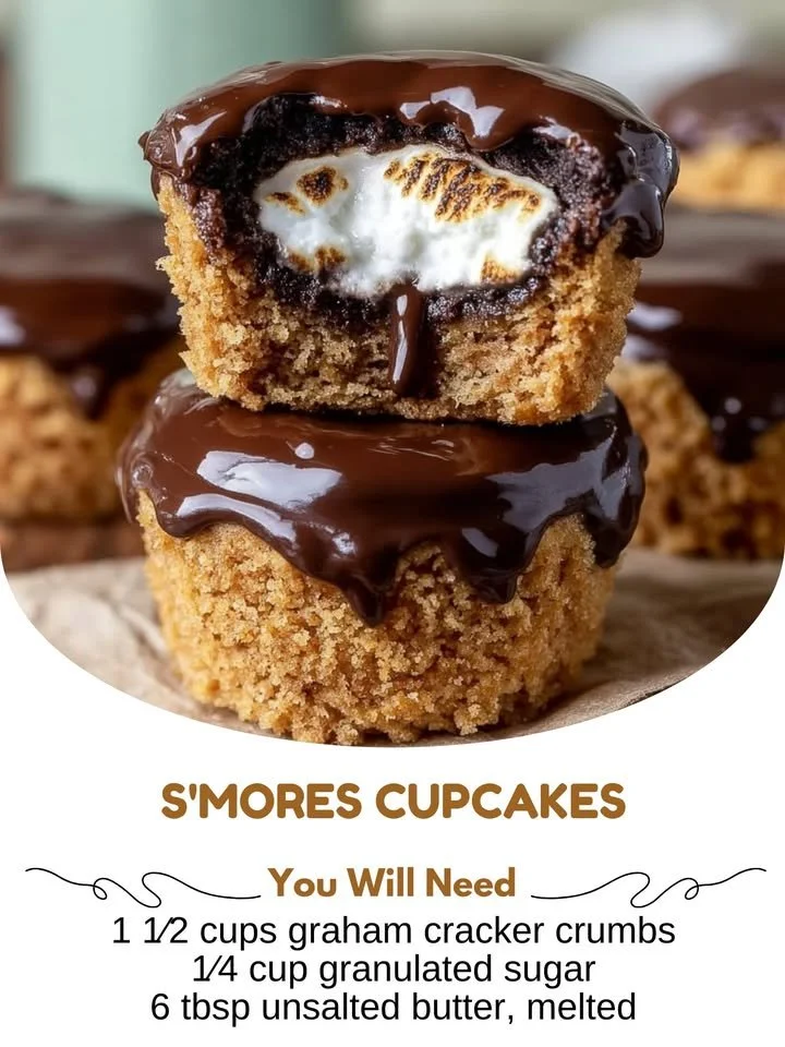 Delicious S'mores Cupcakes topped with graham cracker crumbs and chocolate