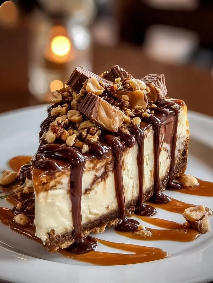 Delicious homemade Snickers Cheesecake topped with chocolate and caramel