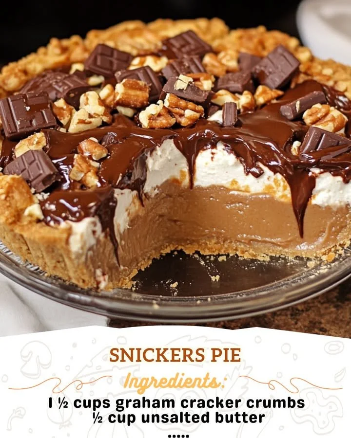 Delicious homemade Snickers Pie with chocolate, caramel, and nuts.
