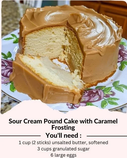 Sour Cream Pound Cake topped with creamy Caramel Frosting