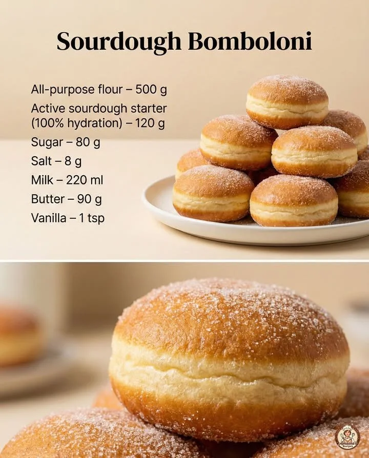 Delicious sourdough bomboloni dusted with powdered sugar