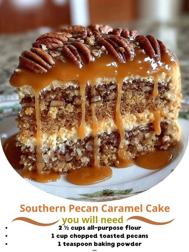 Slice of Southern Pecan Caramel Cake with caramel drizzle and topped with pecans