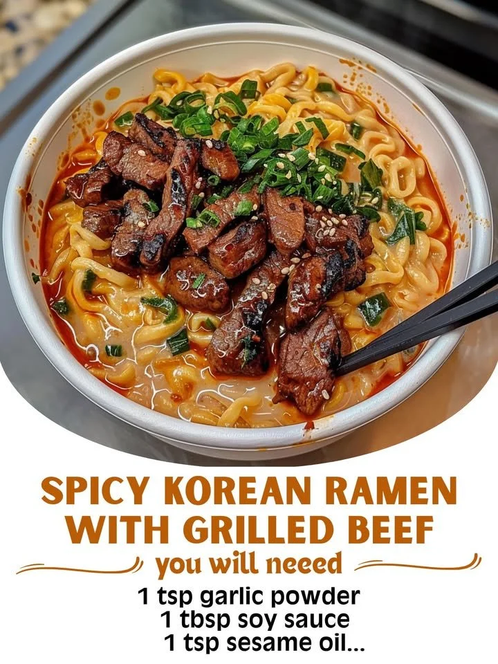 Bowl of spicy Korean ramen with grilled beef and creamy sauce garnished with vegetables