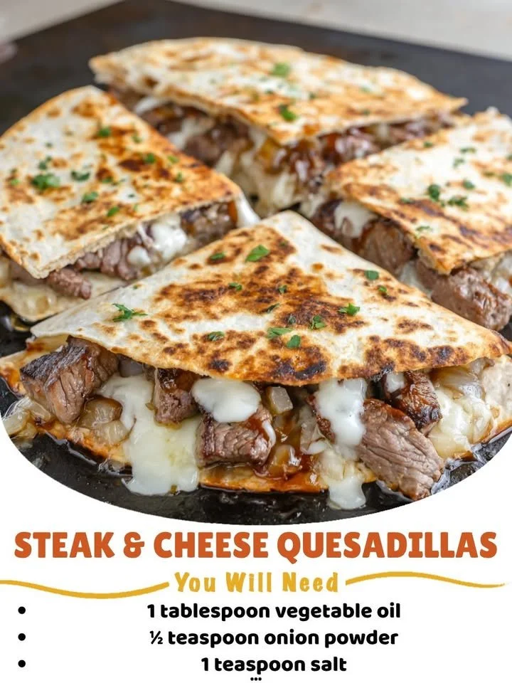 Cheesy steak quesadillas served with salsa and guacamole on a platter.