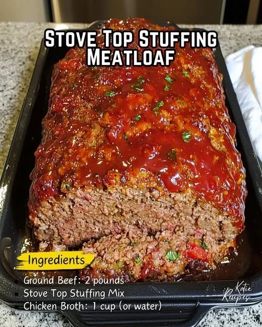 Savory Stove Top Stuffing Meatloaf with glossy glaze and fresh herbs.