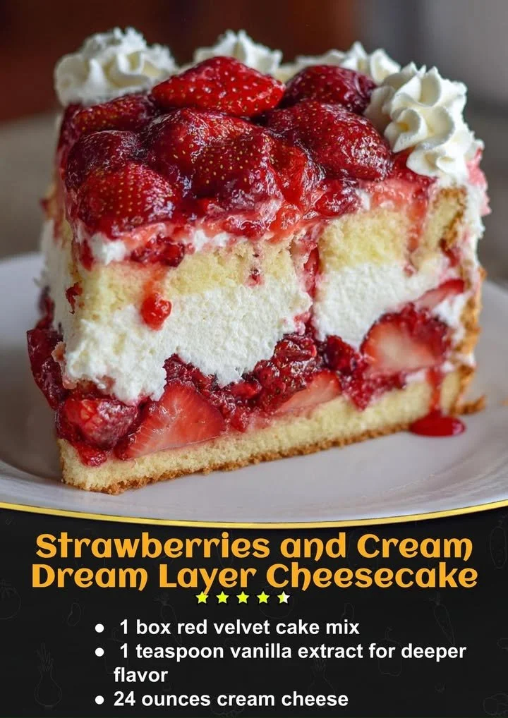 Strawberries and Cream Dream Layer Cheesecake Cake topped with fresh strawberries