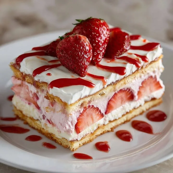 Strawberries and Cream Eclair Cake topped with fresh strawberries and whipped cream
