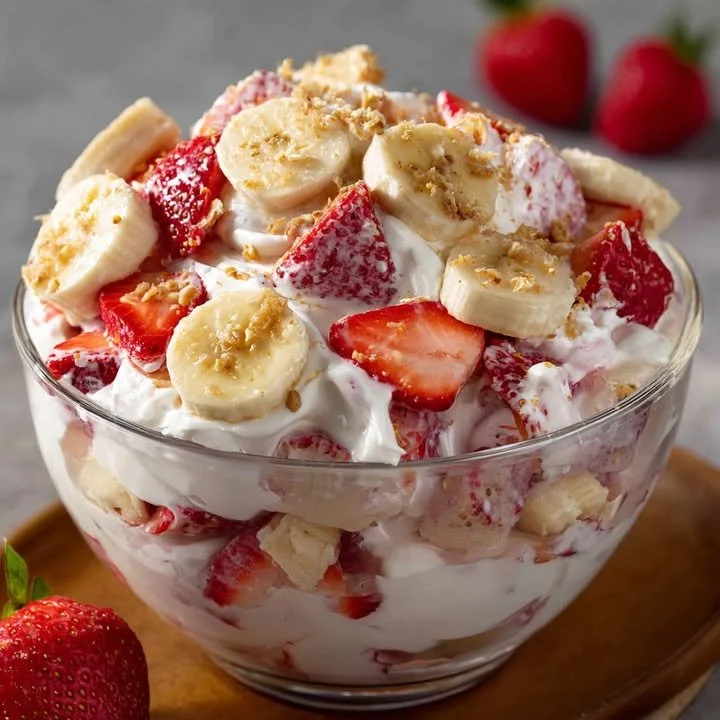 Strawberry Banana Cheesecake Salad served in a bowl with fresh fruits