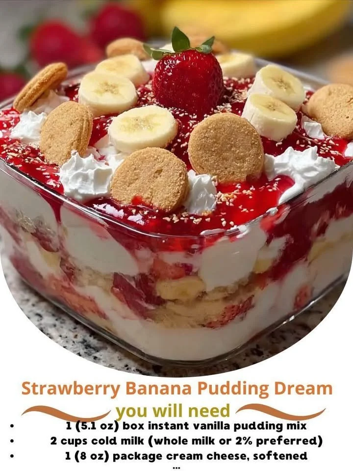Delicious strawberry banana pudding served in a glass with fresh strawberries and bananas.