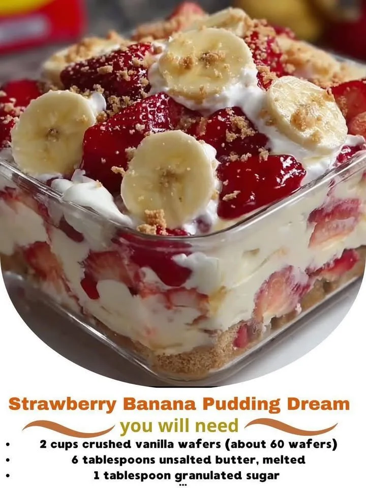 Delicious strawberry banana pudding served in a glass bowl