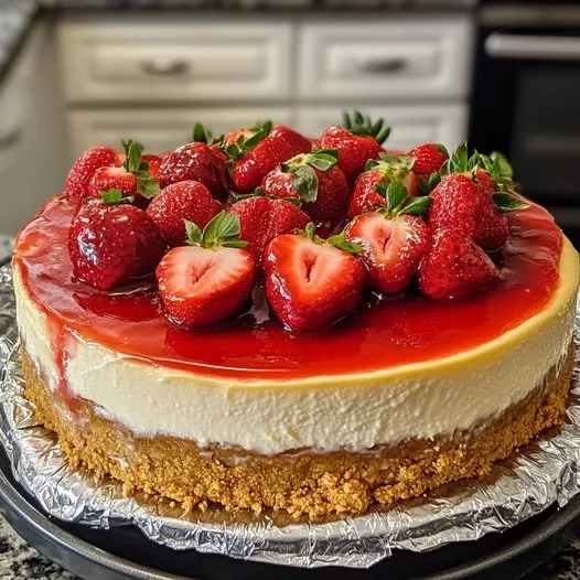 Delicious homemade strawberry cheesecake topped with fresh strawberries