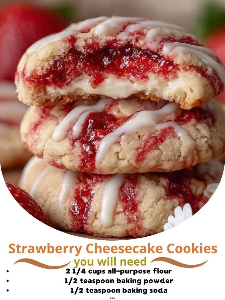 Delicious strawberry cheesecake cookies with fresh strawberries and creamy filling