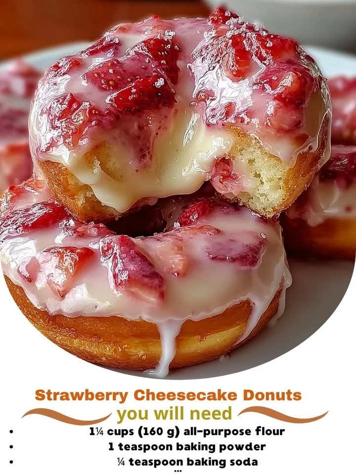 Delicious strawberry cheesecake donuts topped with fresh strawberries and cream.