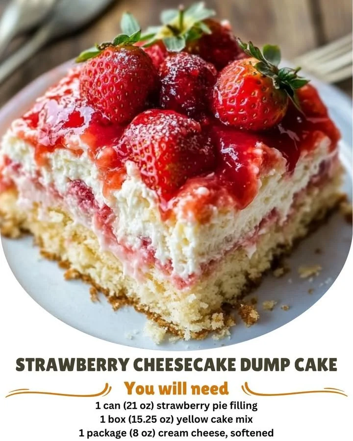 Delicious strawberry cheesecake dump cake topped with fresh strawberries and whipped cream.