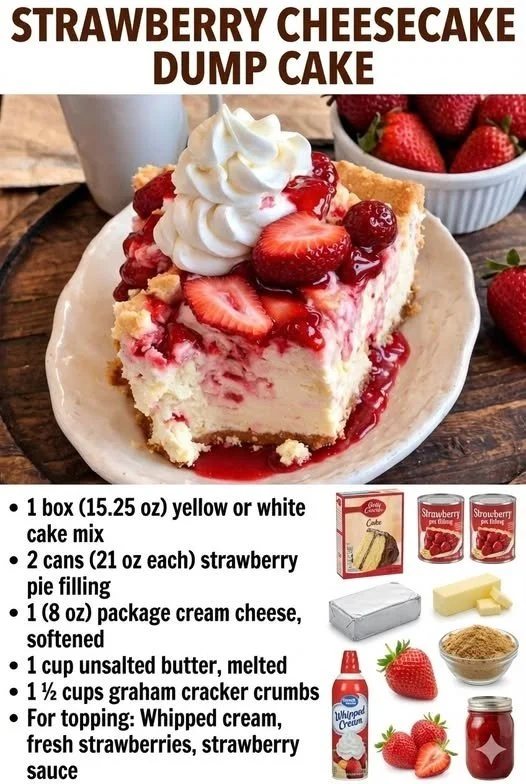 Delicious Strawberry Cheesecake Dump Cake with fresh strawberries and creamy cheesecake layer.