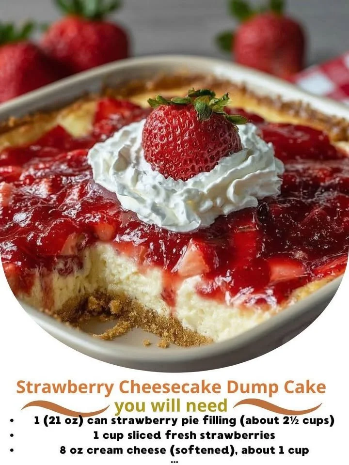 Delicious strawberry cheesecake dump cake topped with fresh strawberries