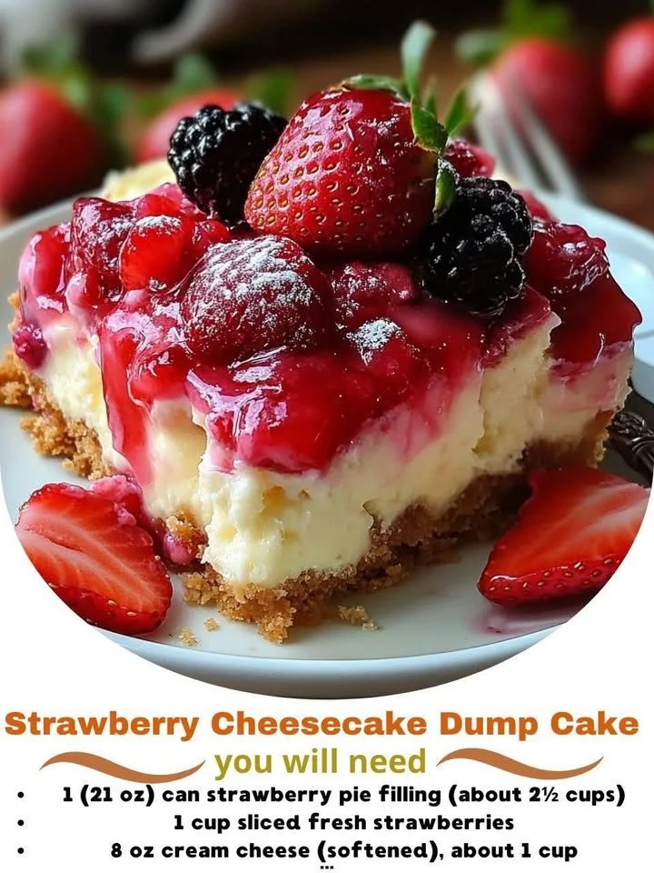 Delicious strawberry cheesecake dump cake with fresh strawberries on top