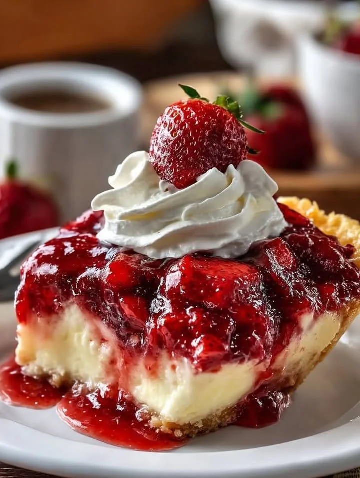 Delicious strawberry cheesecake dump cake topped with fresh strawberries