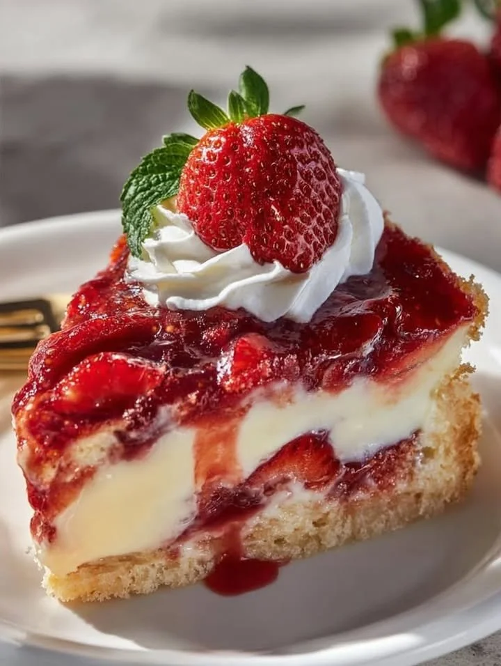 Delicious strawberry cheesecake dump cake served on a plate with fresh strawberries