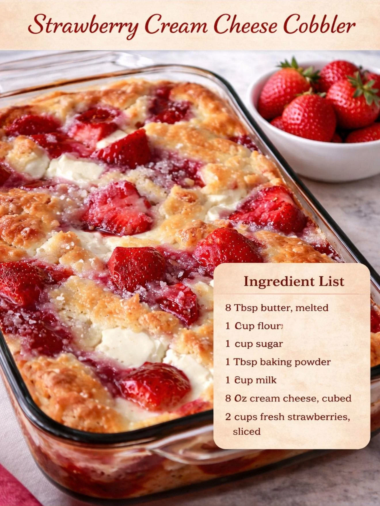 Delicious Strawberry Cream Cheese Cobbler with fresh strawberries and cream cheese topping.