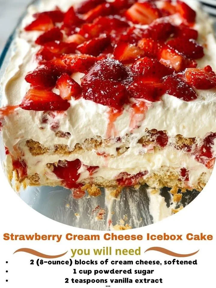 Delicious Strawberry Cream Cheese Icebox Cake with fresh strawberries and cream cheese layers