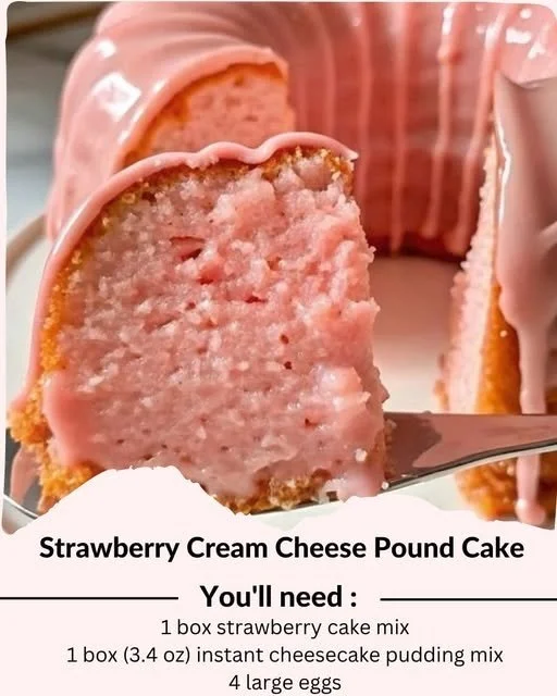 Slice of Strawberry Cream Cheese Pound Cake with fresh strawberries on top.