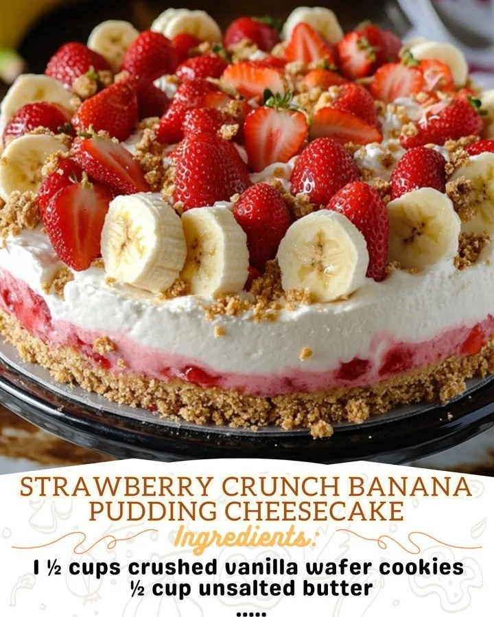 Strawberry Crunch Banana Pudding Cheesecake dessert with layers of creamy banana pudding.