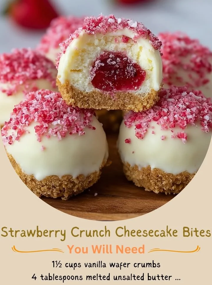 Strawberry crunch cheesecake bites on a plate, perfect for a sweet treat.