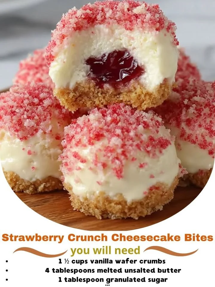 Strawberry Crunch Cheesecake Bites on a white plate