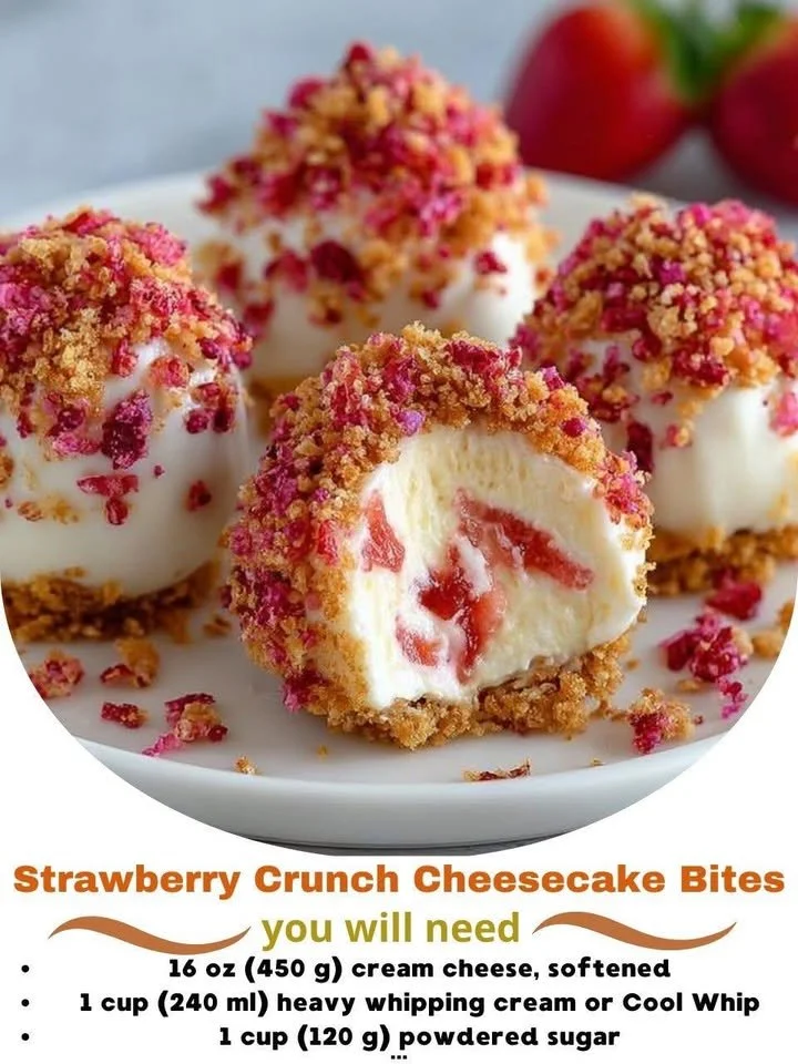 Strawberry Crunch Cheesecake Bites on a plate garnished with fresh strawberries