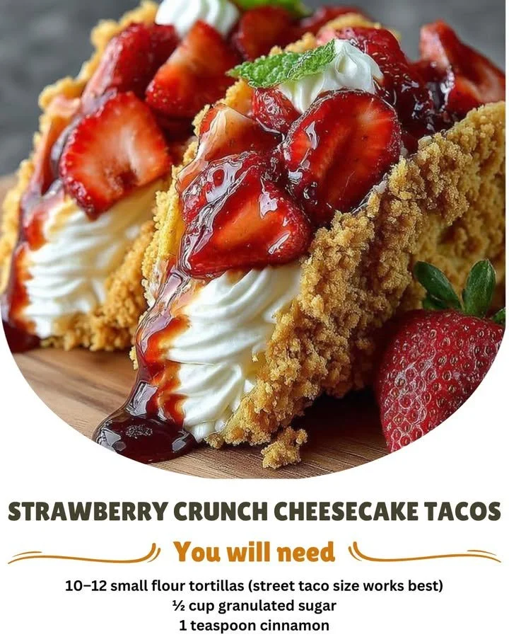Strawberry crunch cheesecake tacos drizzled with chocolate sauce