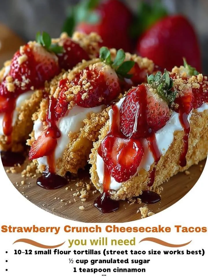Strawberry Crunch Cheesecake Tacos served with a crunchy topping and fresh strawberries.