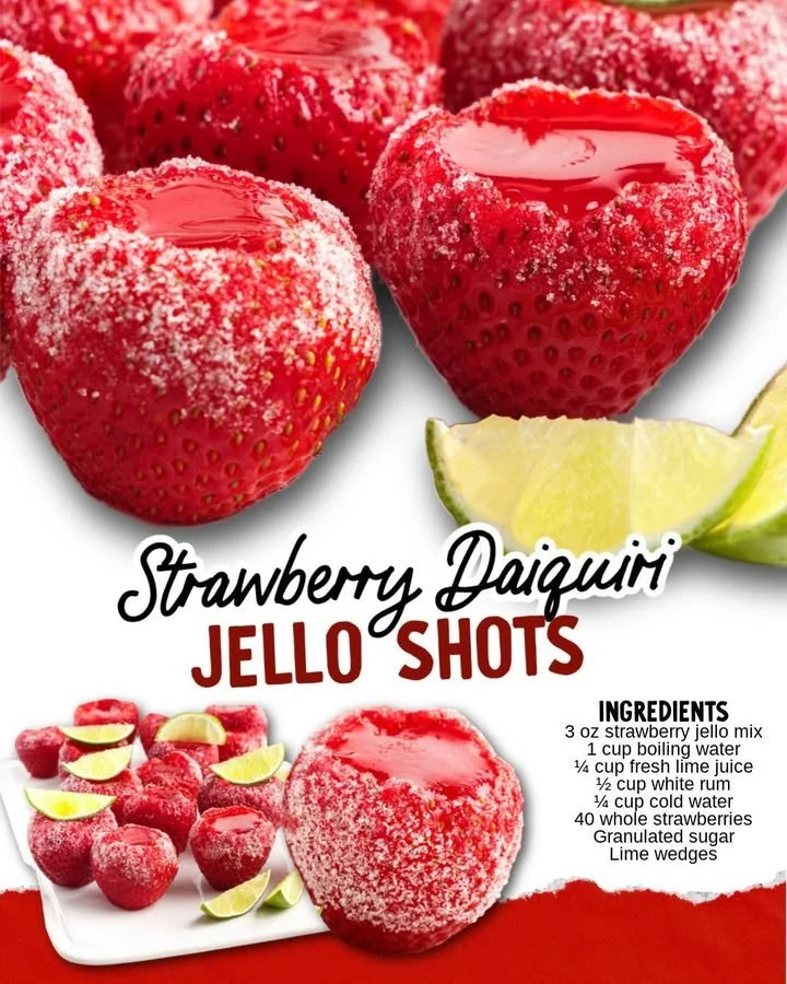 Strawberry Daiquiri Jello Shots served in clear cups with fresh strawberries