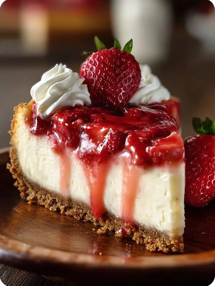 Slice of Strawberry Dream Cheesecake topped with fresh strawberries and whipped cream