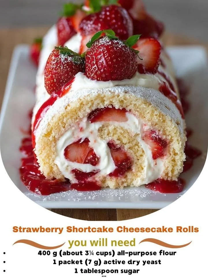 Strawberry Shortcake Cheesecake Rolls served on a white plate