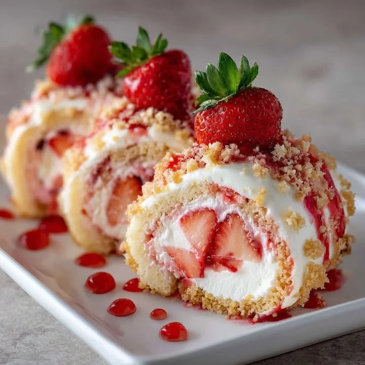 Delicious strawberry shortcake cheesecake rolls dessert on a plate