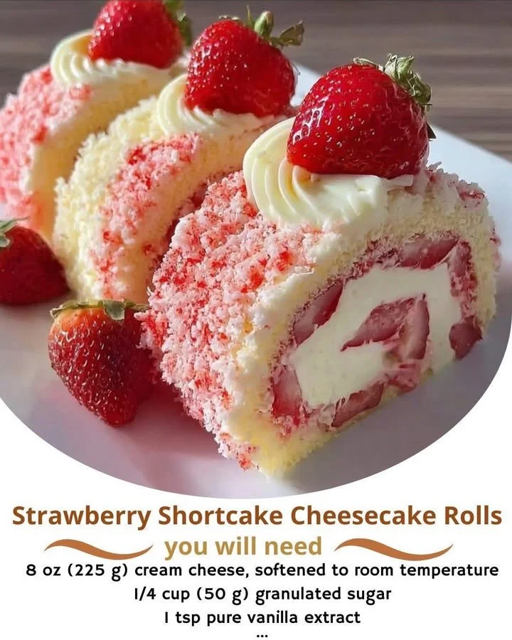 Strawberry Shortcake Cheesecake Rolls on a white plate with fresh strawberries