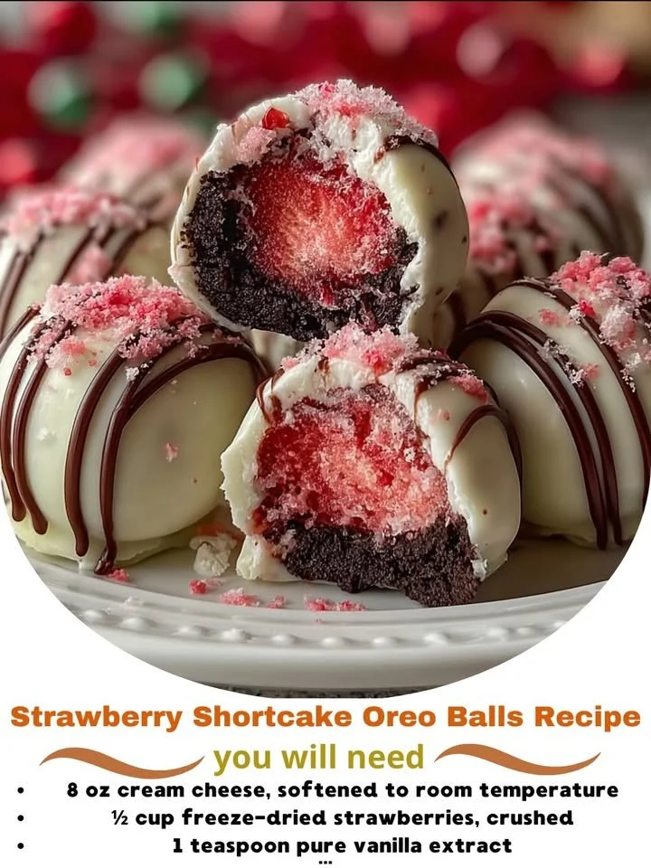 Strawberry Shortcake Oreo Balls on a plate, topped with fresh strawberries.
