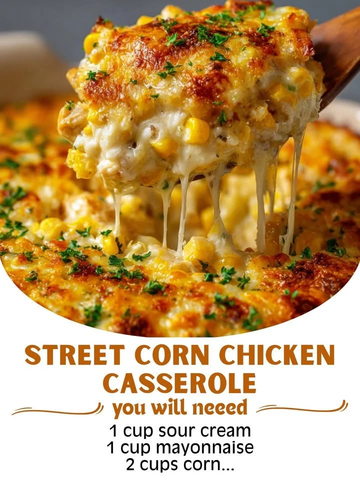 Street Corn Chicken Casserole topped with flavorful corn and cheese