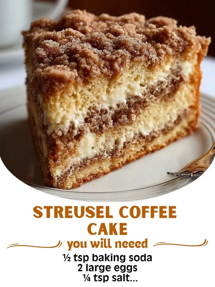 Delicious Streusel Coffee Cake with crumbly topping displayed on a plate.