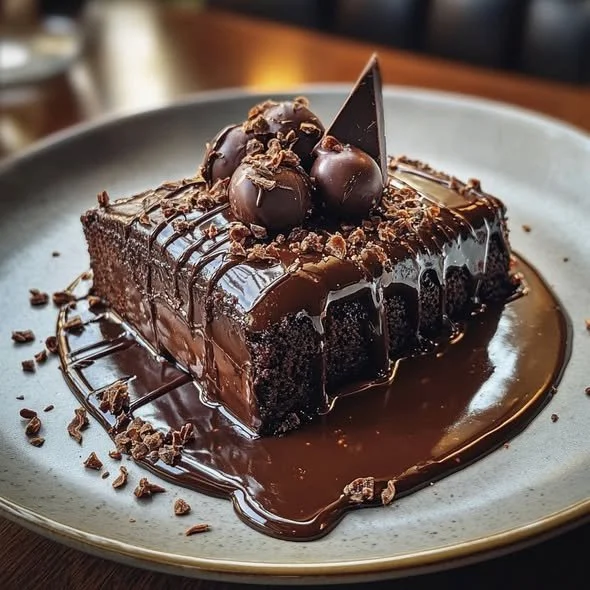 Delicious super moist chocolate cake on a decorative plate