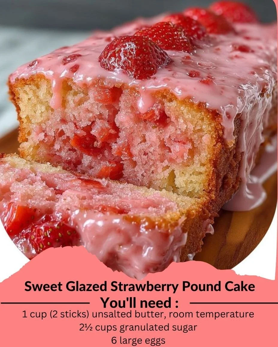 Sweet Glazed Strawberry Pound Cake with fresh strawberries and glaze