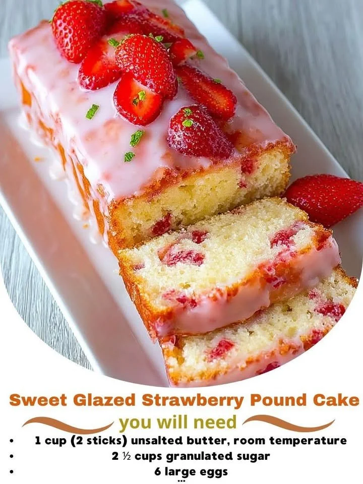 Sweet Glazed Strawberry Pound Cake with fresh strawberries and a glaze