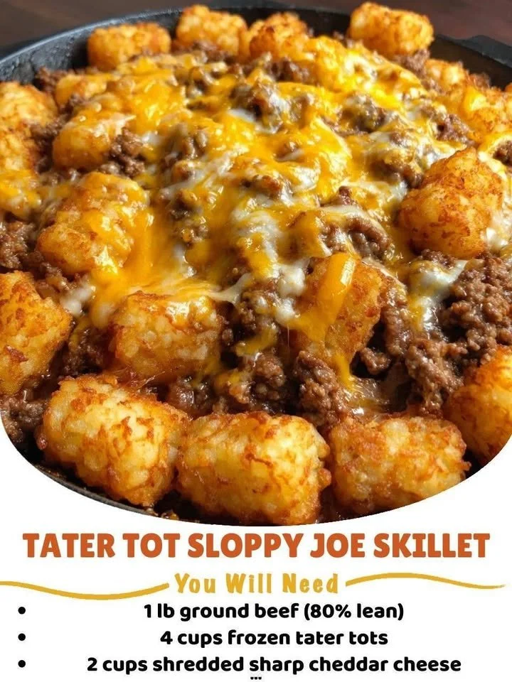 Tater Tot Sloppy Joe Skillet topped with melted cheese and fresh herbs