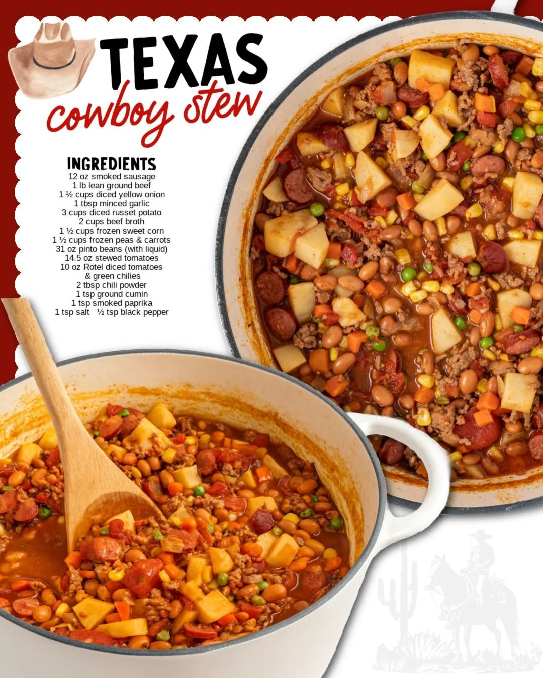 A hearty bowl of Texas Cowboy Stew with beef, beans, and colorful vegetables