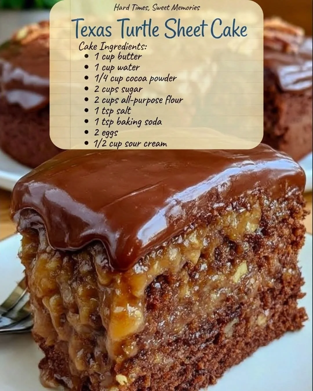 Delicious Texas Turtle Sheet Cake topped with chocolate, caramel, and pecans.