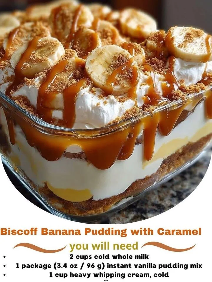 Delicious Biscoff banana pudding layered with caramel sauce.
