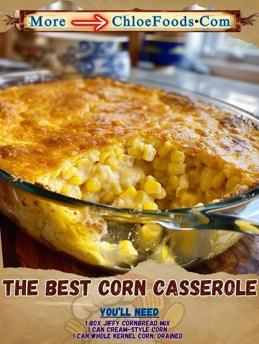 Delicious homemade corn casserole served in a baking dish
