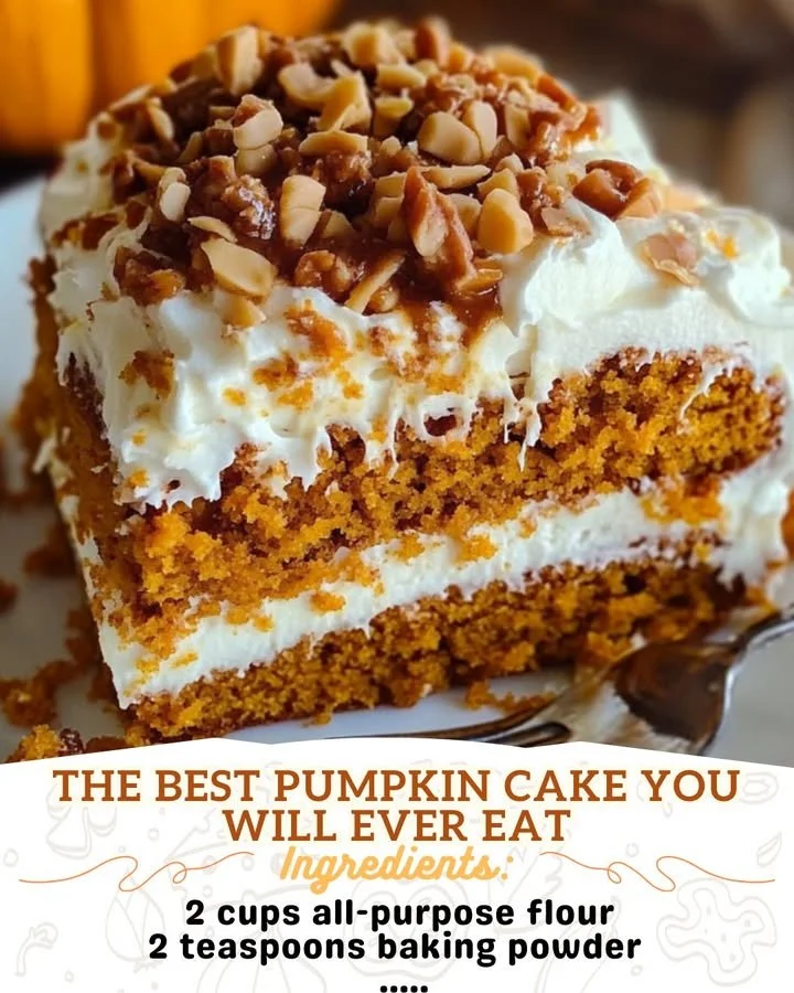 Delicious and moist pumpkin cake slice with cream cheese frosting