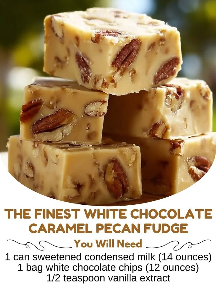 Delicious white chocolate caramel fudge with pecans on a decorative plate.